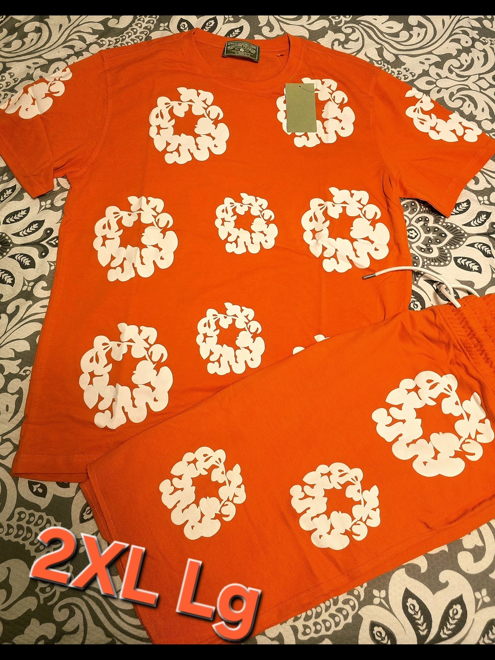 Men's Orange Graphic Lounge Tee & Shorts Set - White Floral Rings